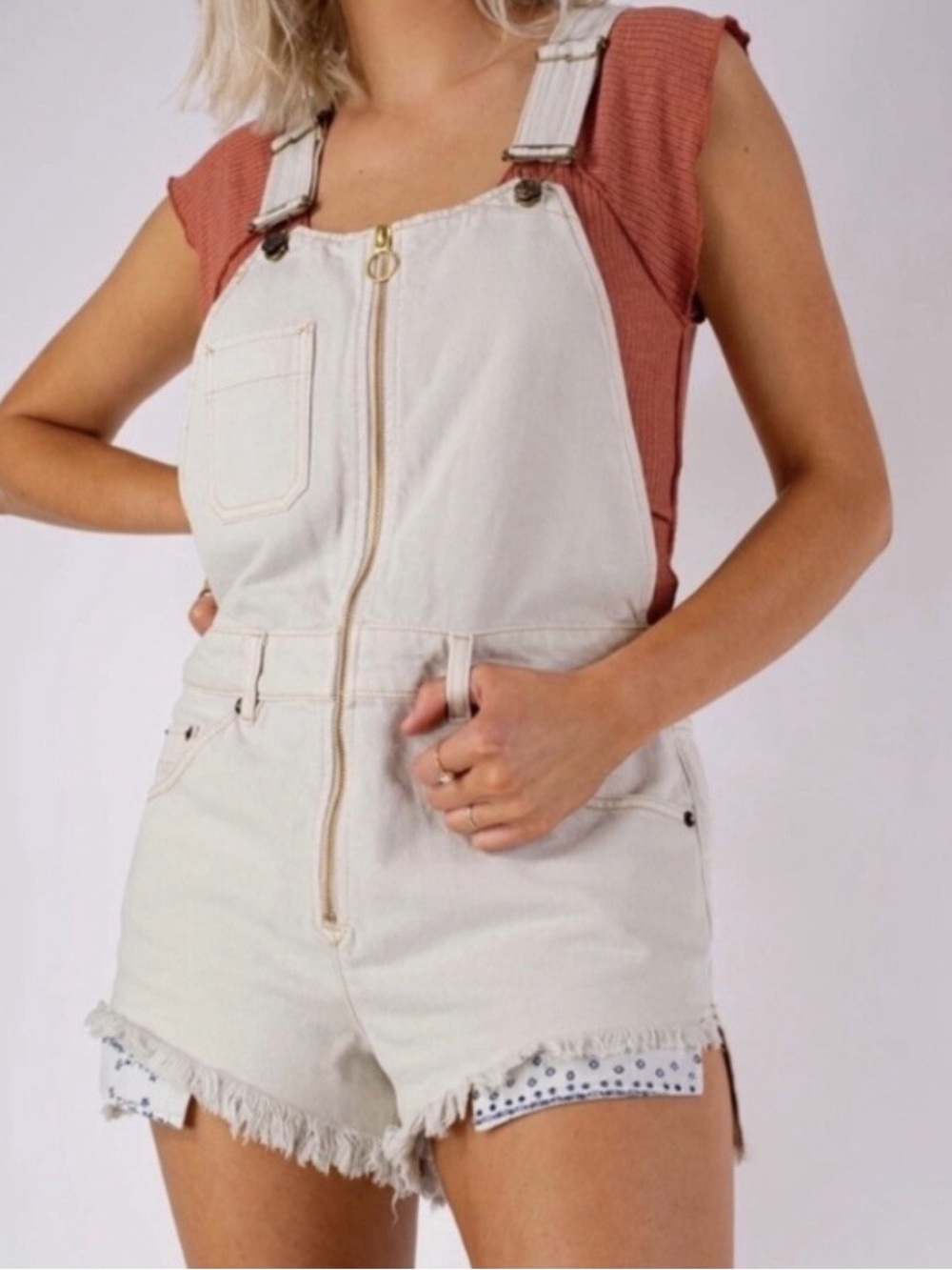 Free People We The Free Sun-kissed Denim Shortall Overall in White size 0